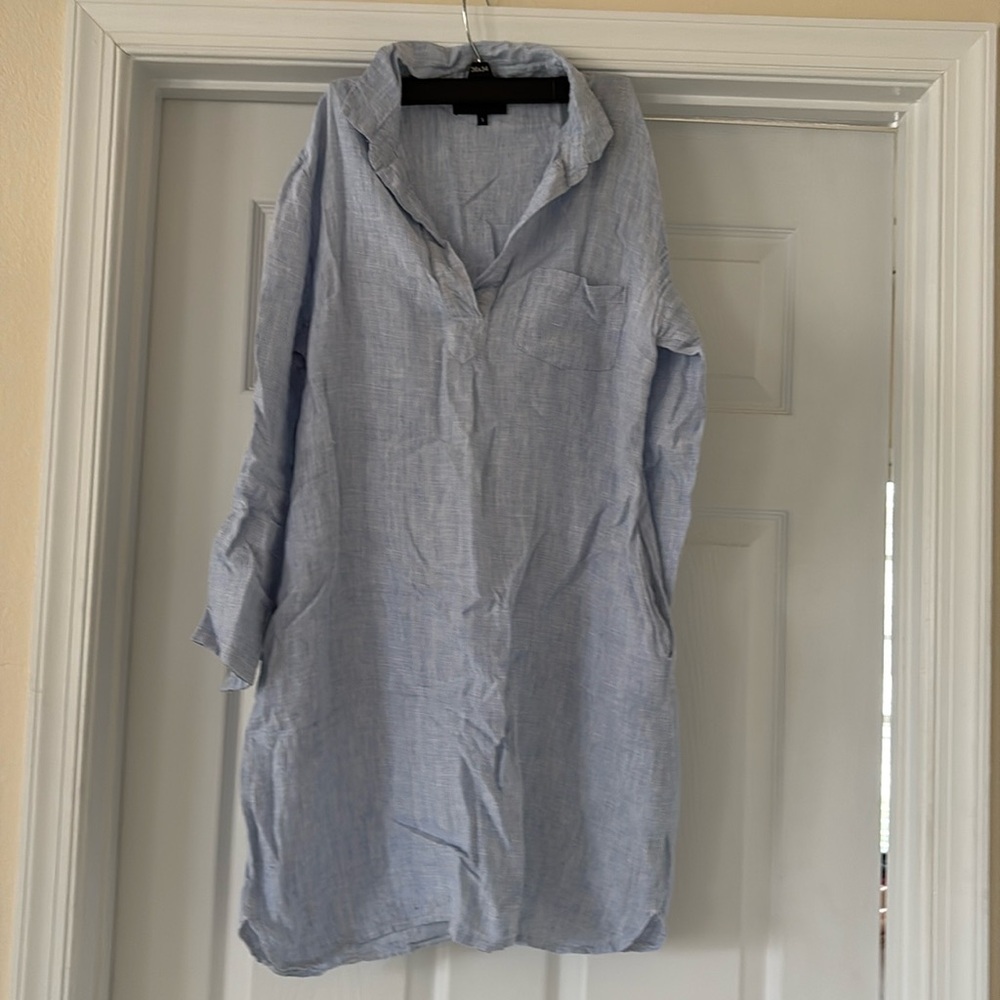 French curve 100% linen blue white material shirt dress- S